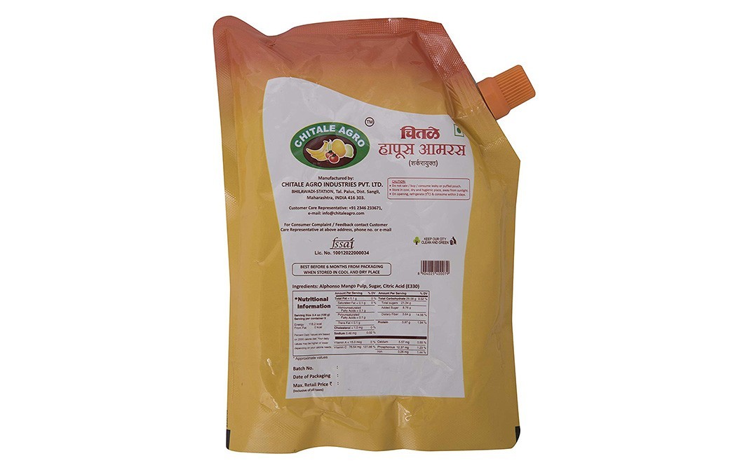 Chitale Agro Alphonso Mango Pulp (Sweetened)   Pouch  500 grams